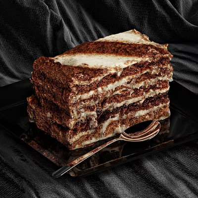 Layered Chocolate Cake with Creamy Layers on Black Plate and Silver Spoon Against Dark Cloth 3d model