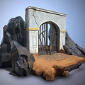 White Stone Entrance Gate With Black Iron Design And Rock Decorations On Brown Platform