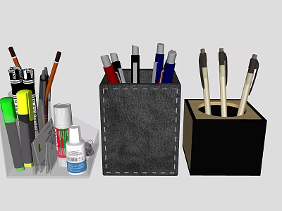 Assorted Pens And Markers In Black Pencil Holders For Office Desktop Stationery 3d model