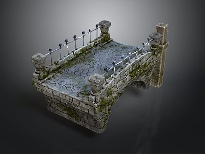 Ancient Stone Bridge With Cobblestone Surface Metal Railings And Mossy Pillars 3d model