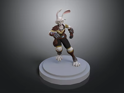 3D Rendered Anthropomorphic Rabbit Warrior Character In Battle Outfit On White Base Stand 3d model