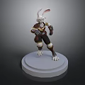 3D Rendered Anthropomorphic Rabbit Warrior Character In Battle Outfit On White Base Stand