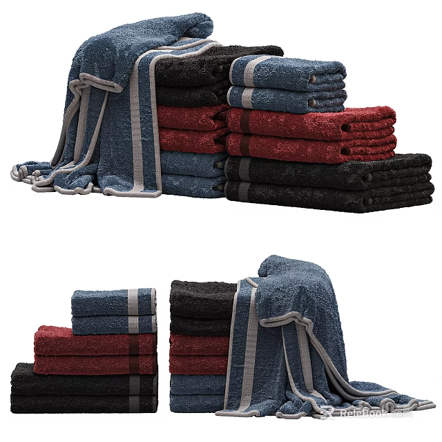 Premium Soft Absorbent Towels In Assorted Colors Stacked And Tied With Stripes 3d model 