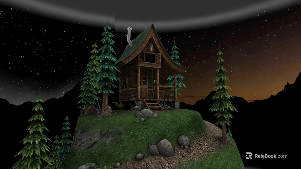 Wooden Detached Villa On Grassy Hillside With Pine Trees And Night Sky 3d model 