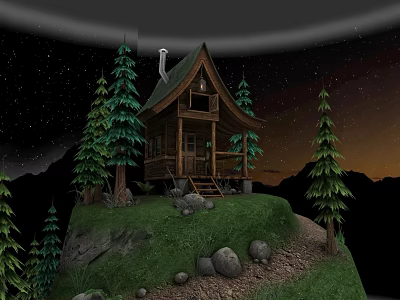 Wooden Detached Villa On Grassy Hillside With Pine Trees And Night Sky 3d model