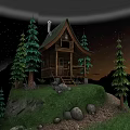 Wooden Detached Villa On Grassy Hillside With Pine Trees And Night Sky