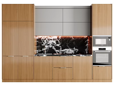 Modern Kitchen With Wooden Cabinets Marble Backsplash And Appliances 3d model