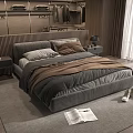Background Double Bed in Bedroom with Gray Brown Bedding Nightstand Floor Lamp Wooden Floor Rug