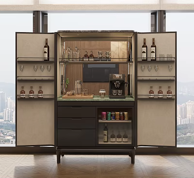 Modern Wine Cabinet Interior With Glass Doors Wine Bottles Wine Glasses And Coffee Machine 3d model