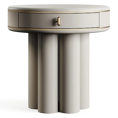 Modern Minimalist Beige Leather Bedside Table With Round Top Drawer And Cylindrical Column Legs 3d model
