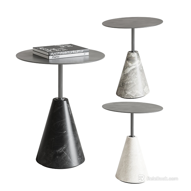 Modern Side Tables with Round Top and Marble Conical Base in Black Gray White 3d model 