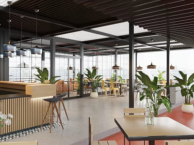 Modern Café Interior With Wooden Ceiling Hanging Lamps Large Glass Windows And Plant Decorations 3d model