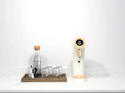 Kitchen Countertop With White and Beige Daily Use Appliance Circular Display Glasses and Glass Bottle 3d model