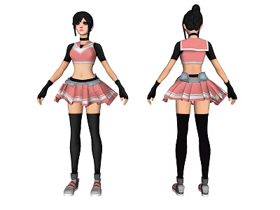 Game and Movie Character in Pink Black Outfit Short Skirt Long Sleeve Top Sneakers 3d model