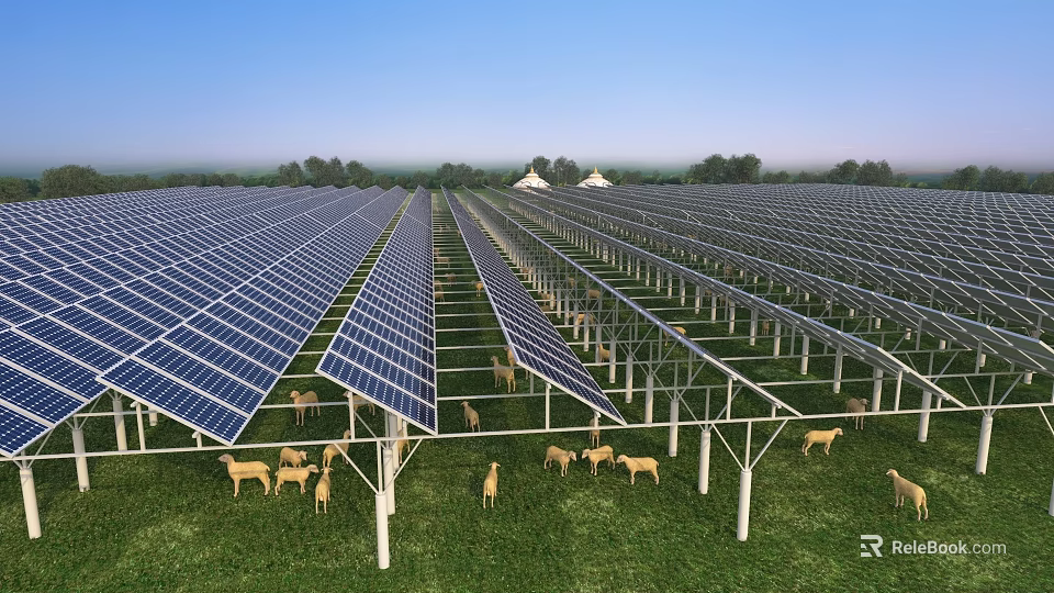Modern Solar Panel Farm With Sheep Grazing In Green Field Under Blue Sky 3d model 