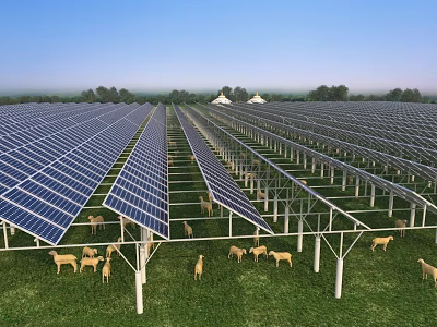 Modern Solar Panel Farm With Sheep Grazing In Green Field Under Blue Sky 3d model