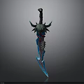 Decorative Fantasy Sword With Horned Hilt And Blue Glowing Blade Design