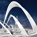 Modern White Sculpture Featuring Curved Structure And Fountain Against Starry Sky
