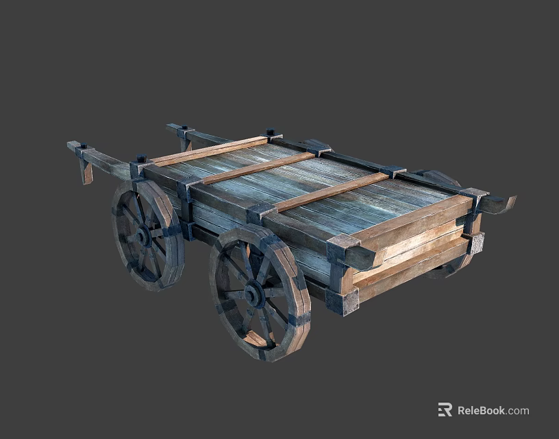 Vintage Wooden Cart With Large Spoked Wheels And Rustic Wooden Planks 3d model 