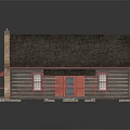 Cartoon Log Cabin Scene With Red Door And Windows Dark Brown Roof And Brick Chimneys