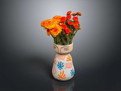 Carved Ceramic Vase Sculpture With Facial Features And Colorful Floral Patterns Holding Orange Red Flowers 3d model