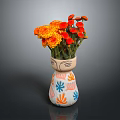 Carved Ceramic Vase Sculpture With Facial Features And Colorful Floral Patterns Holding Orange Red Flowers