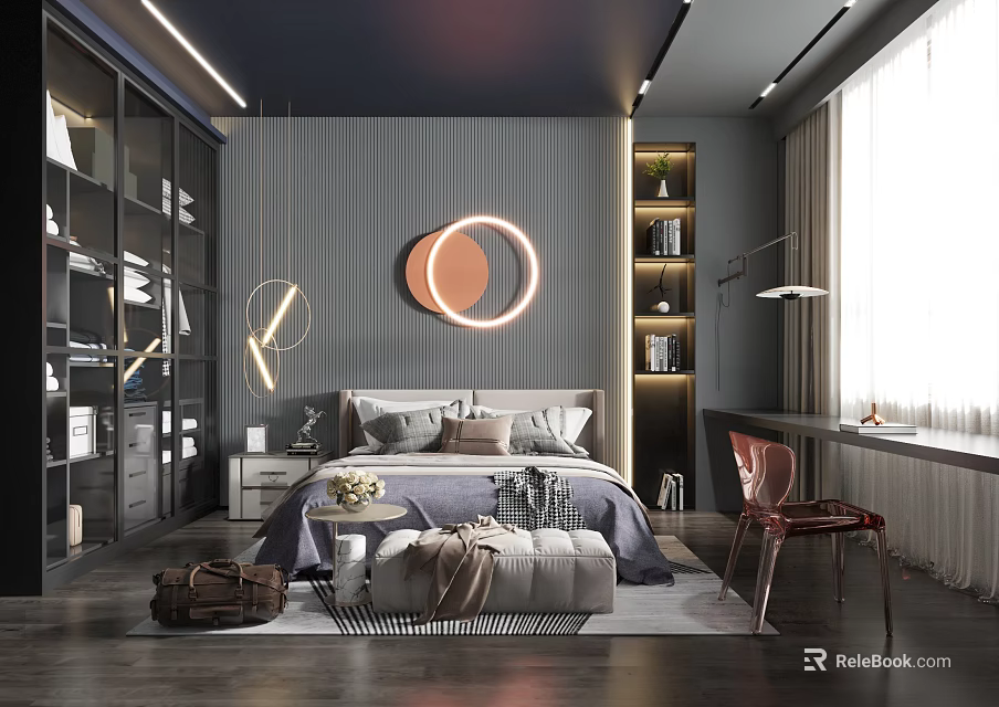Modern Bedroom Interior Design With Circular Decorative Lights Bookshelves And Large Windows 3d model 