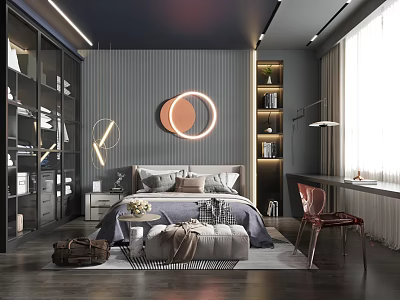 Modern Bedroom Interior Design With Circular Decorative Lights Bookshelves And Large Windows 3d model