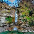 Natural Garden Landscape With Waterfall Layered Rock Formations Lush Green Vegetation And Clear Water Pool