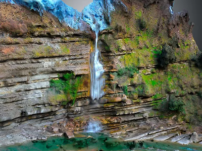 Natural Garden Landscape With Waterfall Layered Rock Formations Lush Green Vegetation And Clear Water Pool 3d model