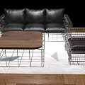 Black Leather Sofa Armchair and Coffee Table Set with Metal Wire Frame Wooden Oval Top