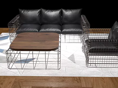 Black Leather Sofa Armchair and Coffee Table Set with Metal Wire Frame Wooden Oval Top 3d model