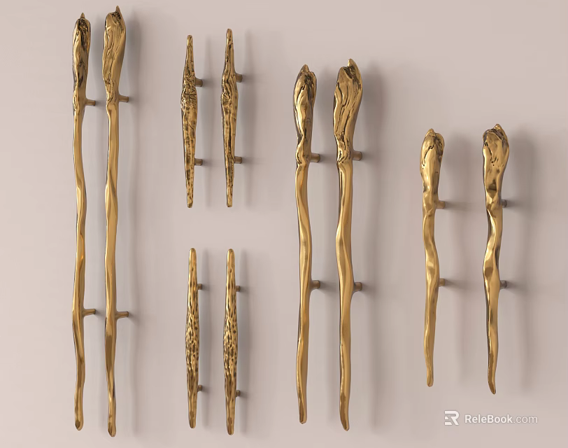 Golden Brass Door Handles With Artistic Unique Shapes For Home Furniture Decor 3d model 
