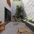 Courtyard Garden Landscape With Arched Doorway Lush Greenery Indoor Outdoor Stone Floor White Cabinets