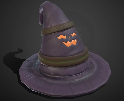 Purple Halloween Witch Hat With Green Band And Pumpkin Face Design 3d model