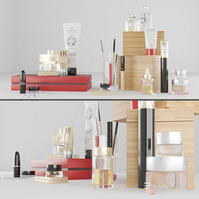 Elegant Decorative Ornaments Set With Wooden Shelves Cosmetic Bottles And Storage Boxes 3d model 