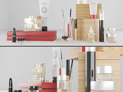Elegant Decorative Ornaments Set With Wooden Shelves Cosmetic Bottles And Storage Boxes 3d model