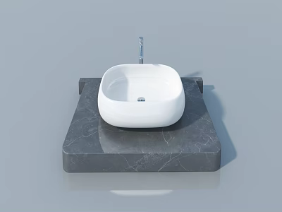 White Square Basin On Black Marble Countertop With Silver Faucet And Light Gray Background 3d model