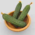 Three Fresh Green Cucumbers Placed in Wooden Bowl as Healthy Vegetables