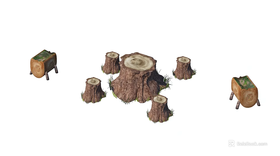 Rustic Tree Stumps Featuring Large Central And Smaller Surrounding Stumps With Grass 3d model