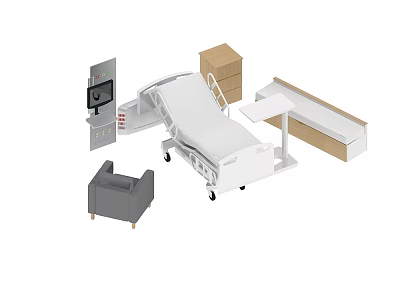 Hospital Ward Interior With Adjustable Hospital Bed Cabinet Overbed Table Wall Mounted Monitor And Armchair 3d model