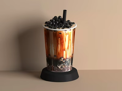 Appetizing Milk Tea Cup Topped With Black Boba And Syrup Drizzle On Black Base 3d model
