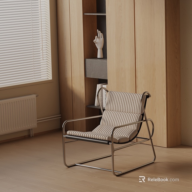 Comfortable Lounge Chair With Striped Cushion Metal Frame In Wooden Cabinet Area With Window Blinds 3d model 