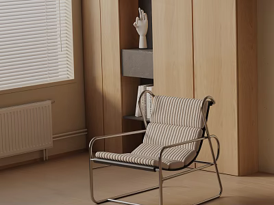 Comfortable Lounge Chair With Striped Cushion Metal Frame In Wooden Cabinet Area With Window Blinds 3d model