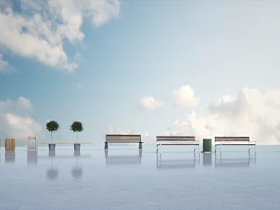 Public Benches In Open Space With Sky Clouds Small Trees And Trash Bins 3d model