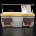 Modern Showcase Shelf With Golden Frame Gray Countertop Two Brown Bar Stools And Wine Bottles