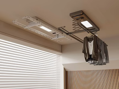 Ceiling Mounted Clothes Drying Rack With Hanging Clothes And Window Blinds In Interior 3d model