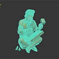 Traditional Man Sitting Crafting Wood with Tool Wearing Green Headdress and Blue Necklace