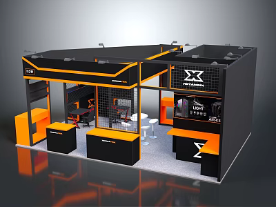 Modern Exhibition Booth Design With Black Orange Theme And Display Counters Tables Chairs 3d model