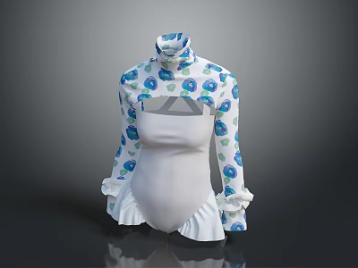 White Dress With Blue Floral Print High Neck Long Sleeves Ruffled Cuffs And Hem 3d model